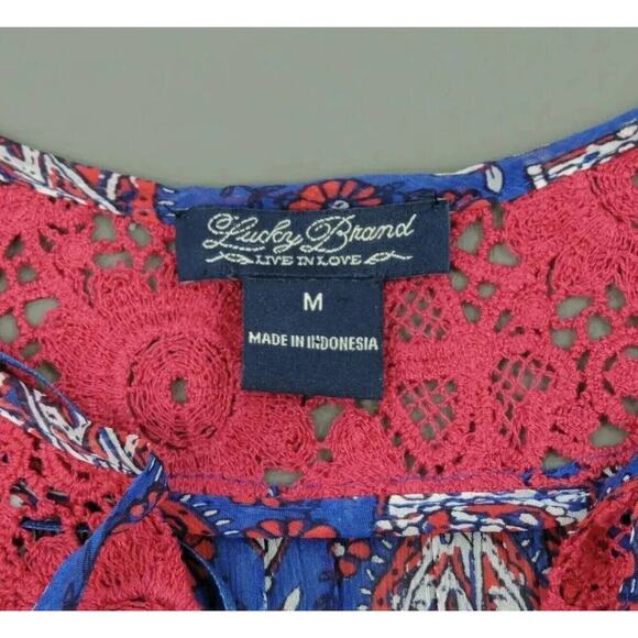 Lucky Brand Peasant Top Womens Medium Blue Sheer Lace Crochet Boho Vibe - Picture 2 of 13